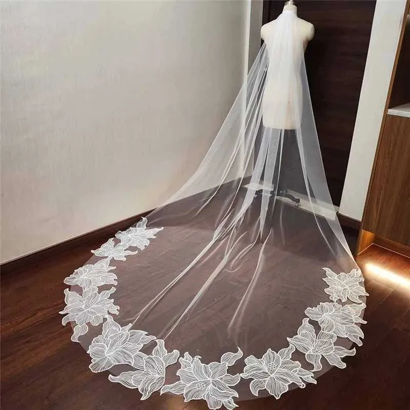 Gioielli per capelli, pizzo floreale romantico con pettine, singolo strato, 3 metri di lunghezza, velo da sposa color avorio, accessori per la sposa_voghion.com