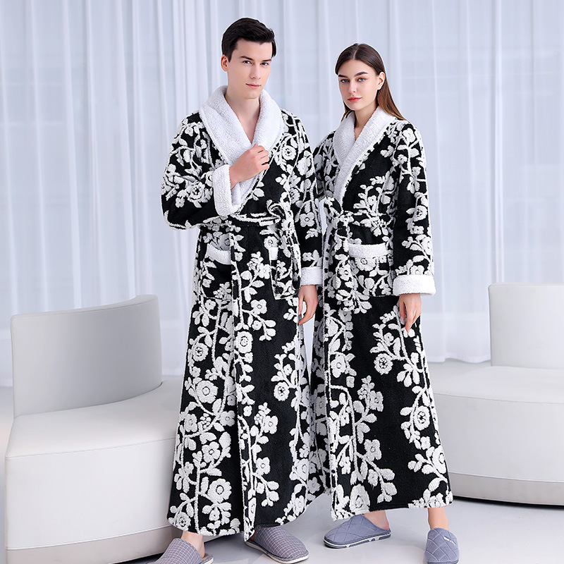 Autumn And Winter Silver Gray Double Layer Thickened Jacquard Comfortable Cotton Velvet Nightgown Long Plush Bathrobe_voghion.com