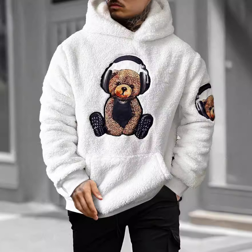 Men's Trendy Hooded Sweatshirt With Bear Embroidery - Cozy Fleece-Lined Jacket For Autumn & Winter - Loose Fit Casual Pullover