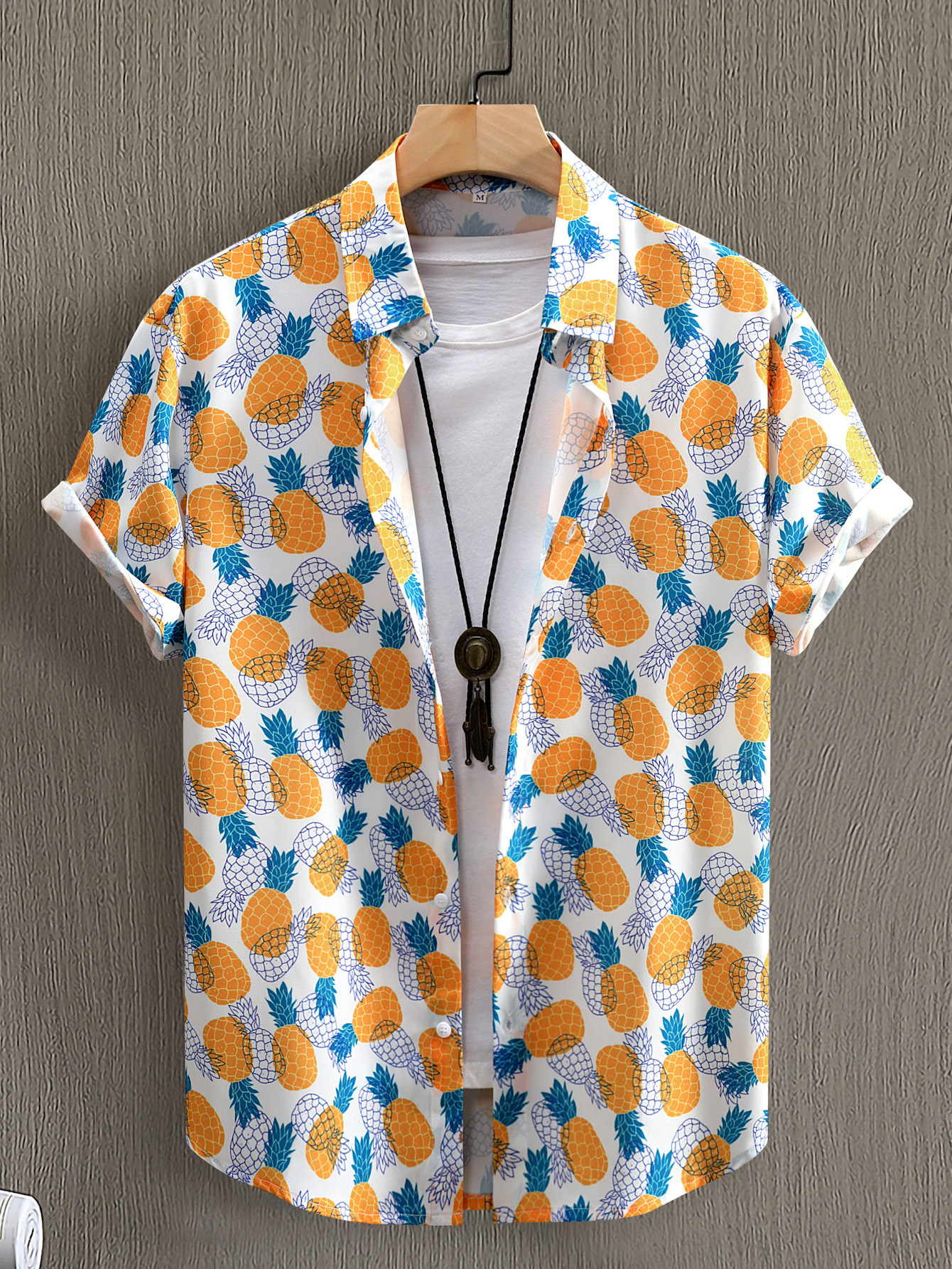 Men's Clothing  yellow and blue pineapple print men's short-sleeved shirt polyester men's shirt digital print summer 2024 new style_voghion.com