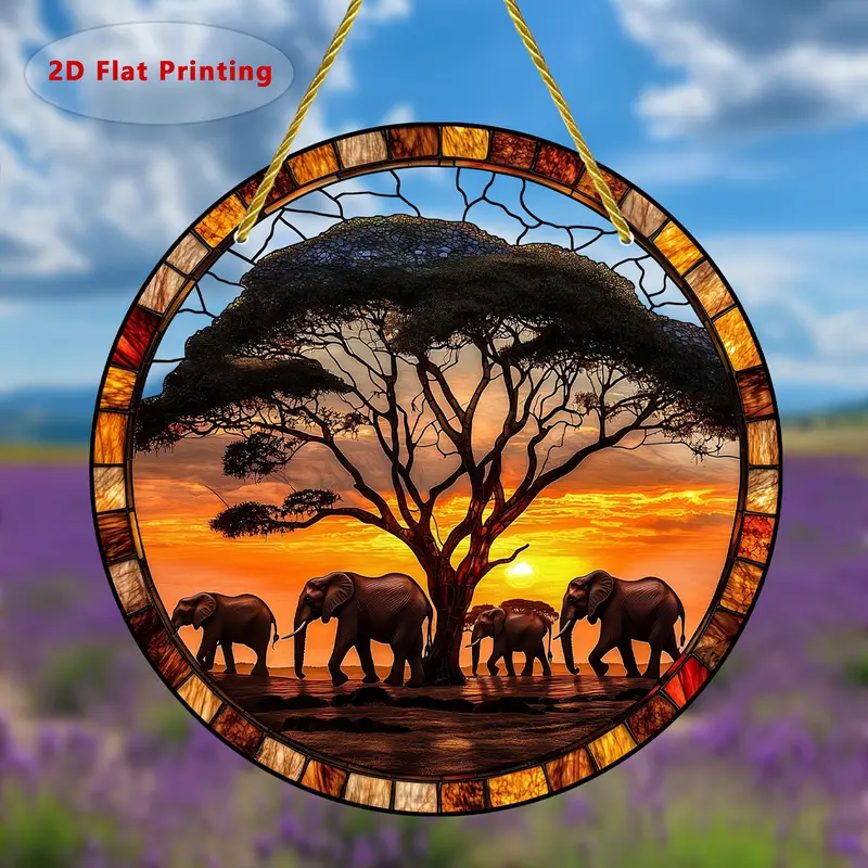 One Piece, A 2D Printed Round Acrylic Dusk Elephant Colorful Garden Sun Catcher._voghion.com