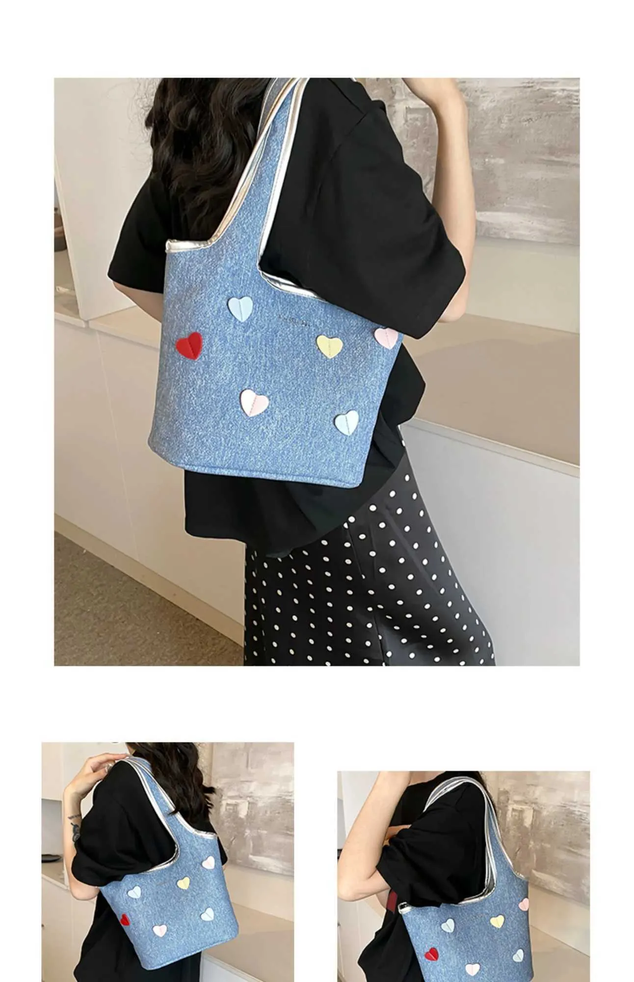 Borsa a secchiello in denim da donna con cuori grande a spalla_voghion.com