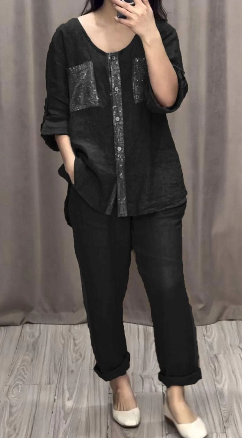 Women's clothing solid color cotton and en sequin two-piece suit_voghion.com