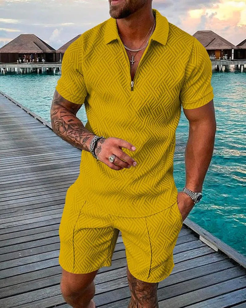 Survêtements pour hommes, ensemble de costume d'été imprimé 3D couleur unie, polo à manches courtes et short, mode fermeture éclair, deux pièces pour hommes_voghion.com