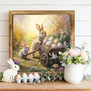 Rustikales Holzschild „Hase und Schubkarre“ (20,3 x 20,3 cm) – Bauernhaus-Wandkunst für Eingangsbereich, Küche und Wohnzimmer | Osterdeko und Geschenk_voghion.com