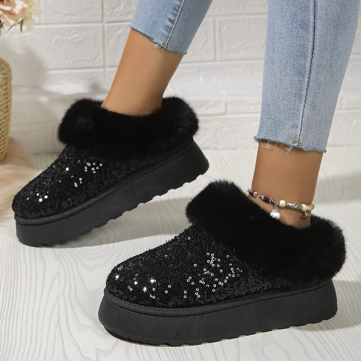 Ankle Snow gly botas slides mulheres Inverno 2024 Nova Moda Brilhante Pele Curta Pelúcia Chinelos Quentes frete grátis_voghion.com