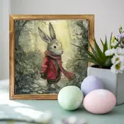 Charmig kanin i röd rock, vintage träinramad väggkonst - perfekt för bondgårdsinredning, vardagsrum, entré och sovrum - perfekt påskpresent, 20x20 cm_voghion.com