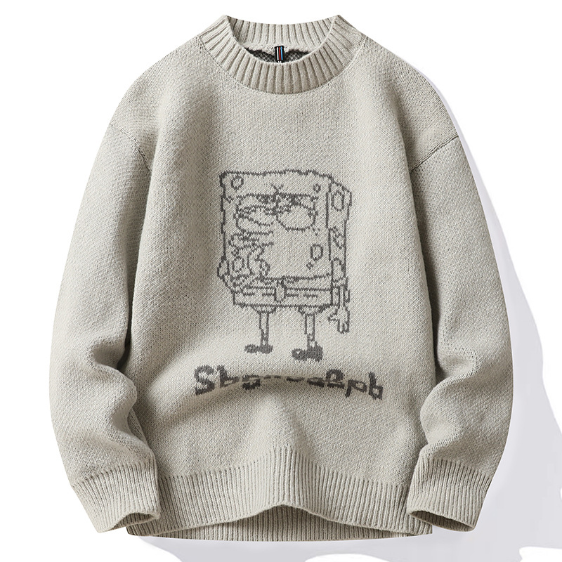 Sweater men's round neck autumn/winter 2022 new loose fitting youth knitted cartoon outerwear bottom sweater student top_voghion.com