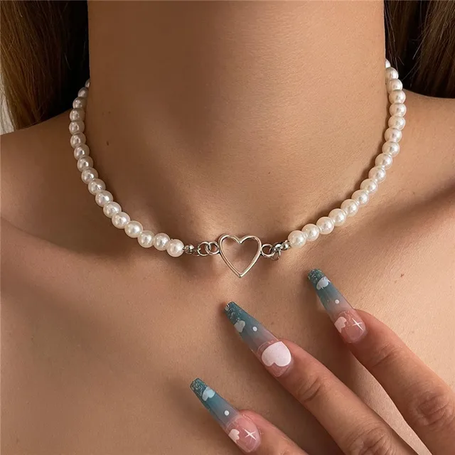 Trendy Liebe Herz Perle Halsband Halskette Weibliche Persönlichkeit Party Mode Schlüsselbein Collier Zubehör Colar Perlas_voghion.com