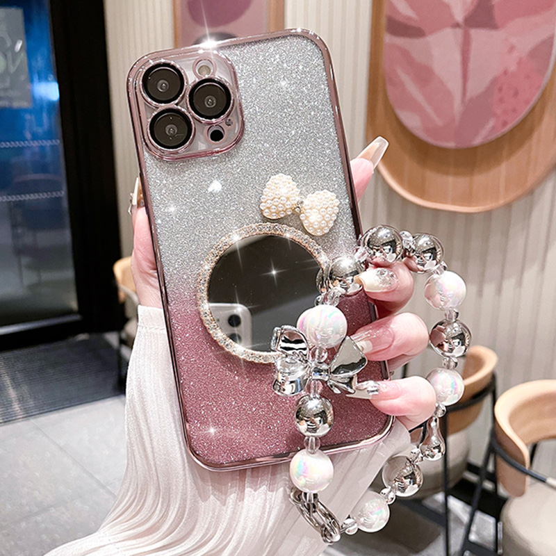 Bow Heart Bracelet Mirror Case For iPhone 15 13 11 12 Pro Max 14 Plus Glitter Flash Gradient Plating Cover_voghion.com