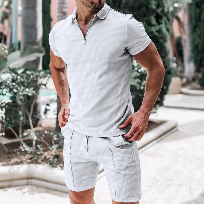 Men's Short Sleeve Shorts Casual Summer Waffle Solid Color Loose Fit Turn-down Collar T-shirt Set_voghion.com