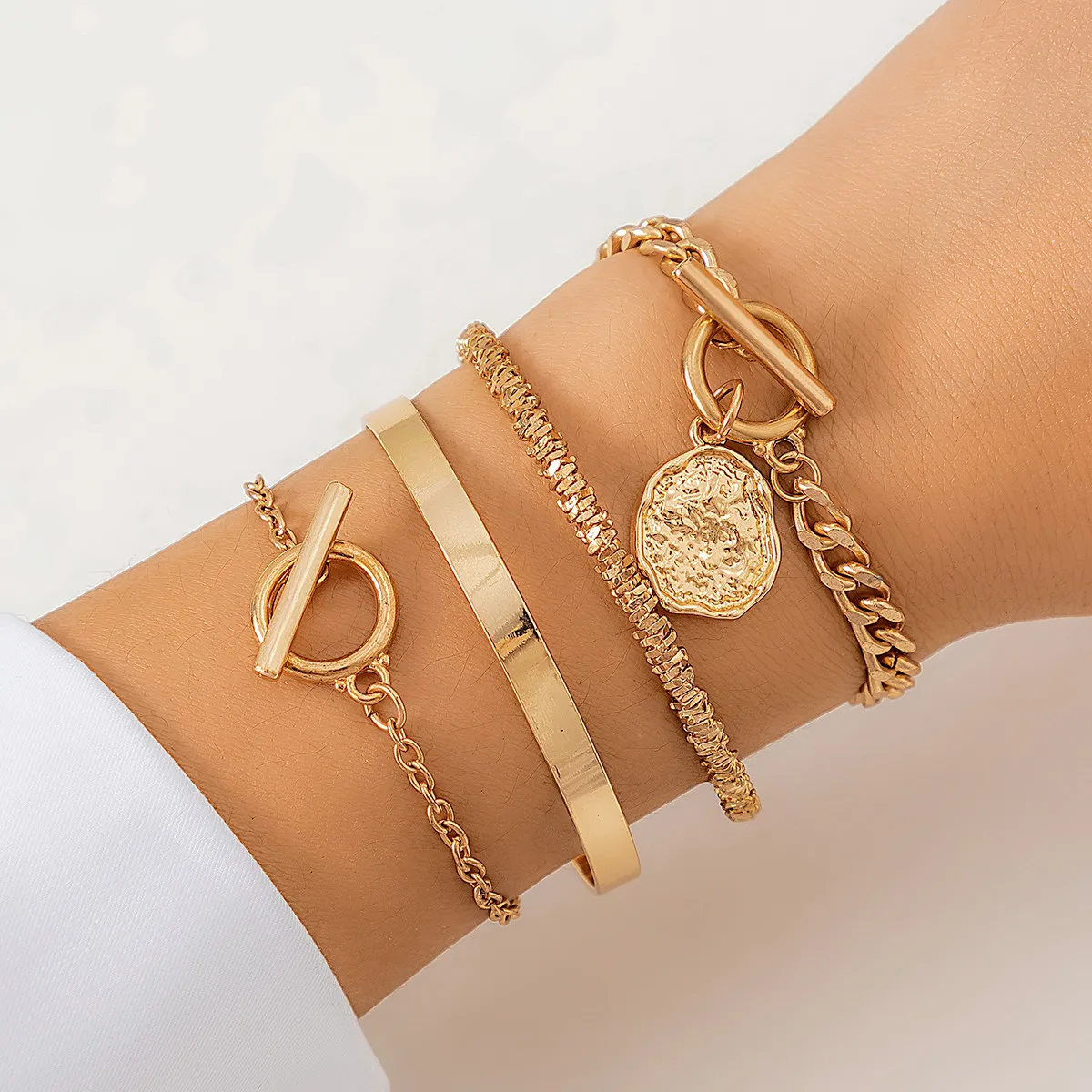Charm Bracelet Set Bohemian Gold Tone Open Cuff Bangle Jewellery_voghion.com