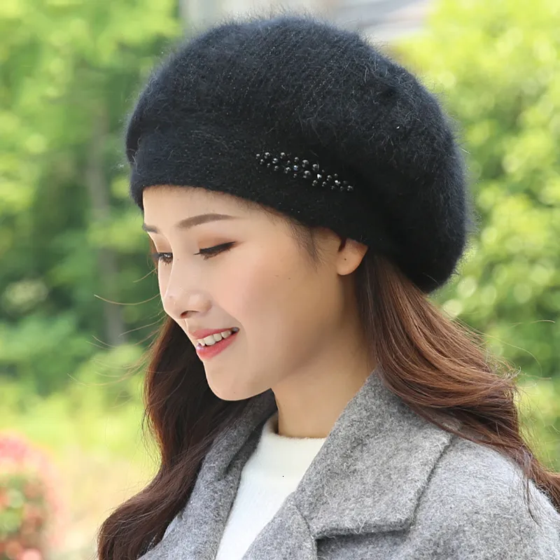 BeanieSkull Caps Beret Women Winter Hat Angora Autumn Knit Beanie Warm Thick Pearl Double Layers Snow Skiing Outdoor_voghion.com