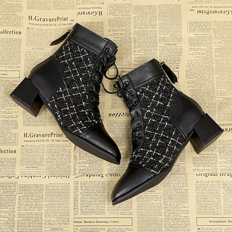Stivali da donna alla moda con tacco alto, allacciati sul retro, con cerniera, a quadri con mille uccelli, spessi e quadrati, versatili_voghion.com