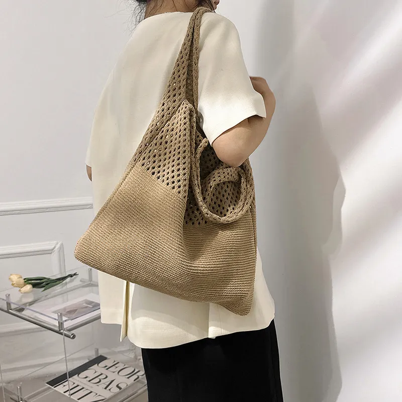 Borse a tracolla di grande capacità, alla moda, da donna, in tessuto cavo all'uncinetto, borse a mano, ecologiche, per la spesa._voghion.com