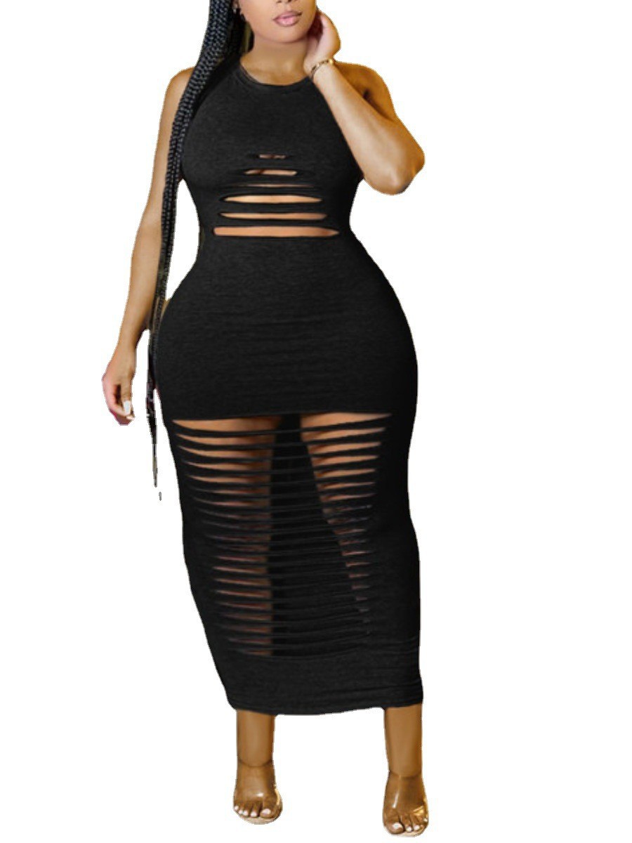 Vêtements pour femmes, couleur unie, sexy, ajouré, fleur brûlée, robe grande taille_voghion.com