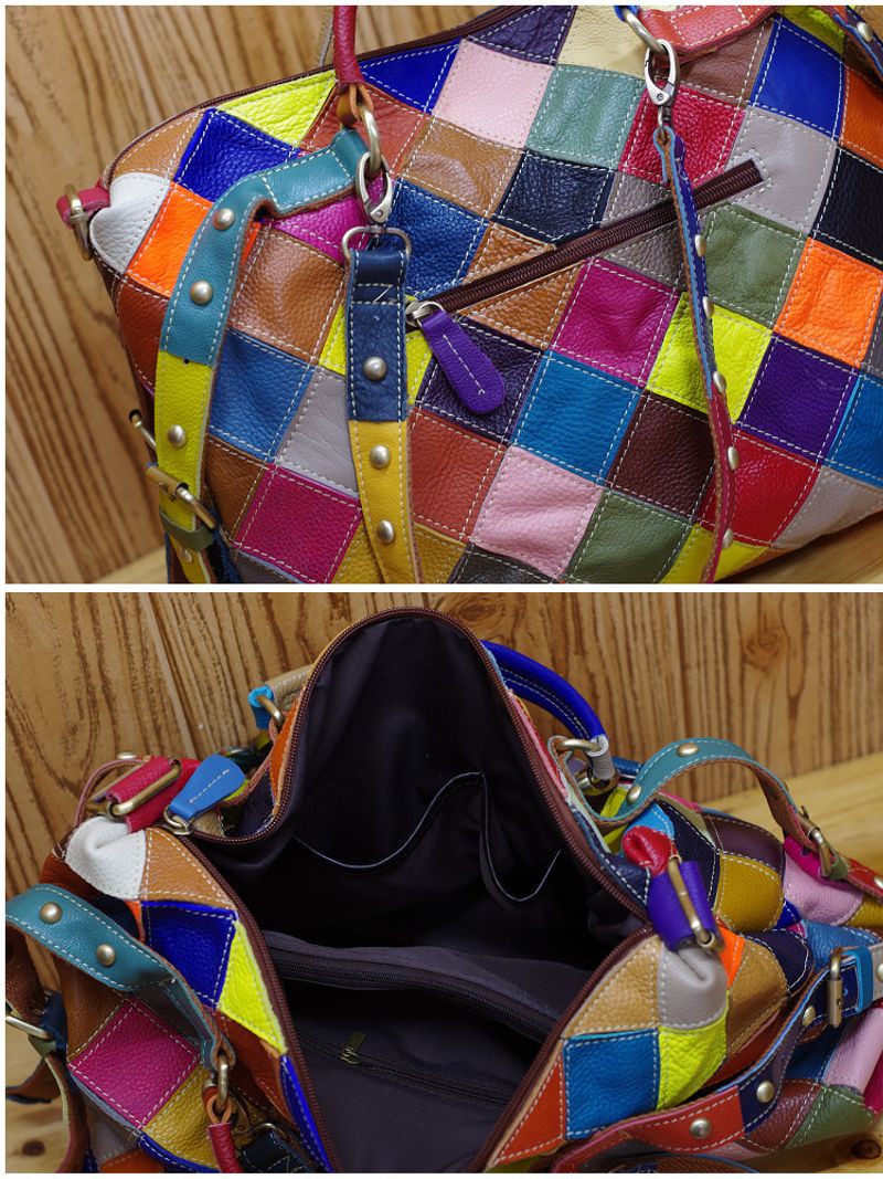 Neue Handtasche Rindsleder für Damen, farbenfrohe kontrastierende Tasche aus echtem Leder, personalisierte trendige_voghion.com