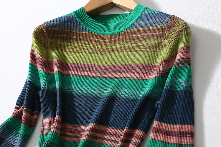 Pull en laine ultrafine pour femme, coupe cintrée, assorti avec tout, manches mi-longues, haut élastique à rayures arc-en-ciel, printemps et été_voghion.com