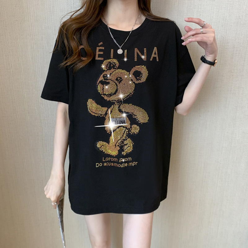 T-shirt estiva a maniche corte nera Bear Hot Diamond da donna in cotone pettinato, versione ampia di media lunghezza_voghion.com