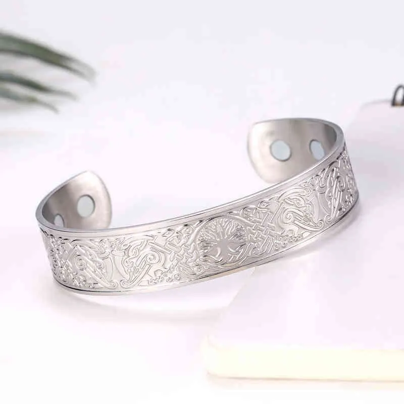 Skyrim Viking Bangle Endlos Love Buttons Tree of Life Birds Edelstol Manschett Magnéitesch Therapie Bracelet Männer Fraen_voghion.com