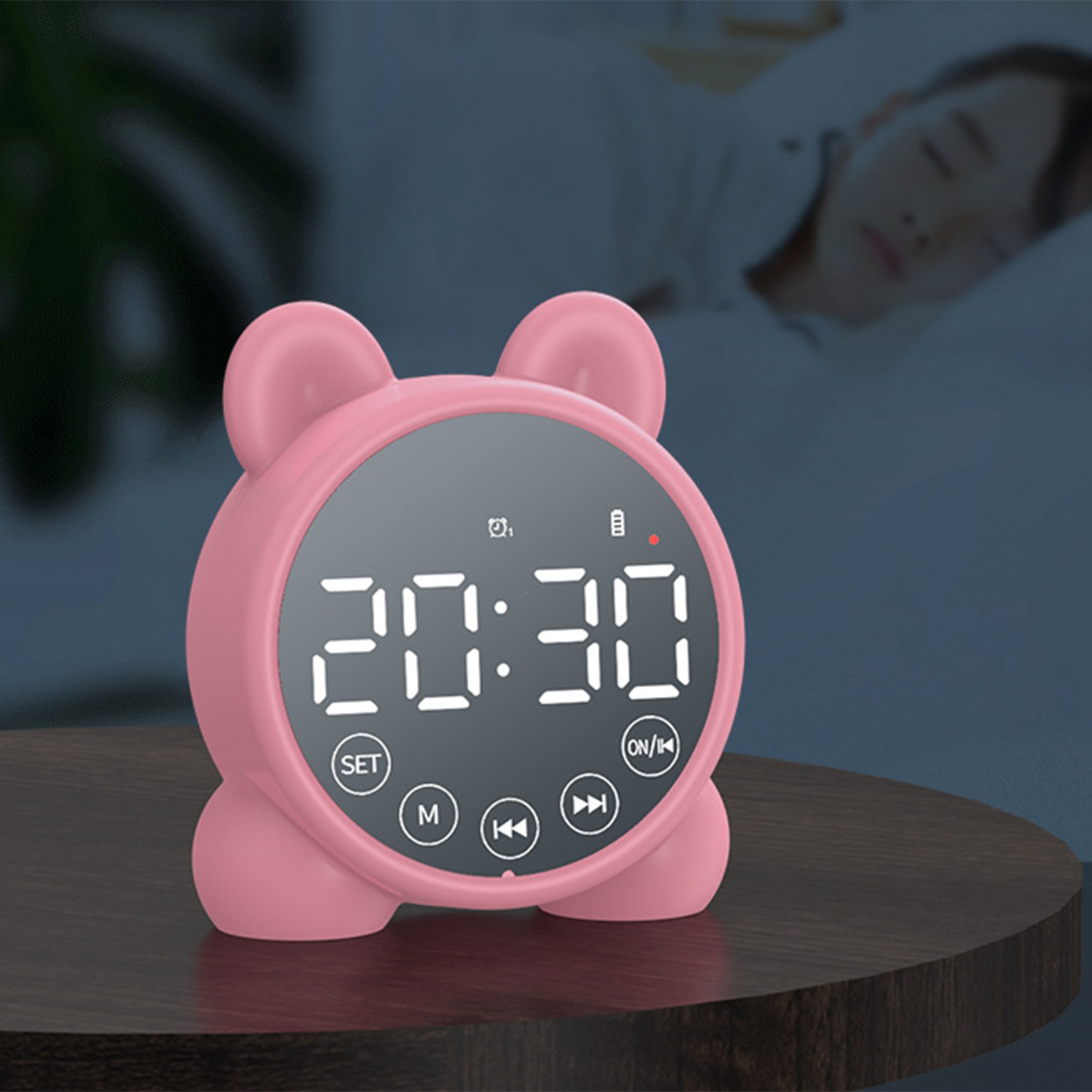 Dětský budík s Bluetooth reproduktorem, noční budík, zrcadlový digitální budík, dětský trenažér spánku růžový_voghion.com