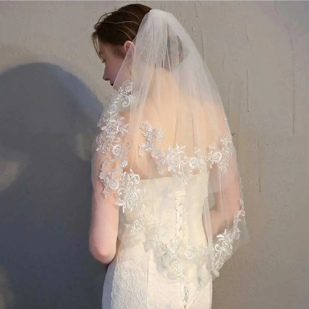 Gioielli per capelli da sposa in pizzo per spose, velo da sposa corto a 2 strati con applicazioni e pettine, veli in morbido tulle._voghion.com