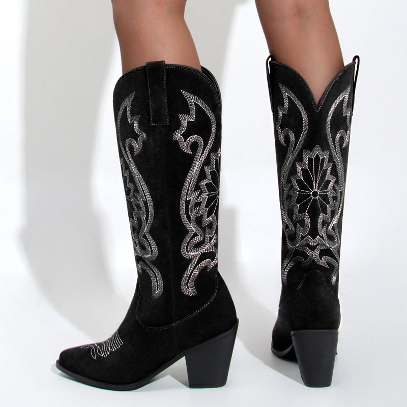 Spitzer Westernstiefel aus Wildleder-Denim mit Stickereien und klobigem, mittelhohem Absatz_voghion.com