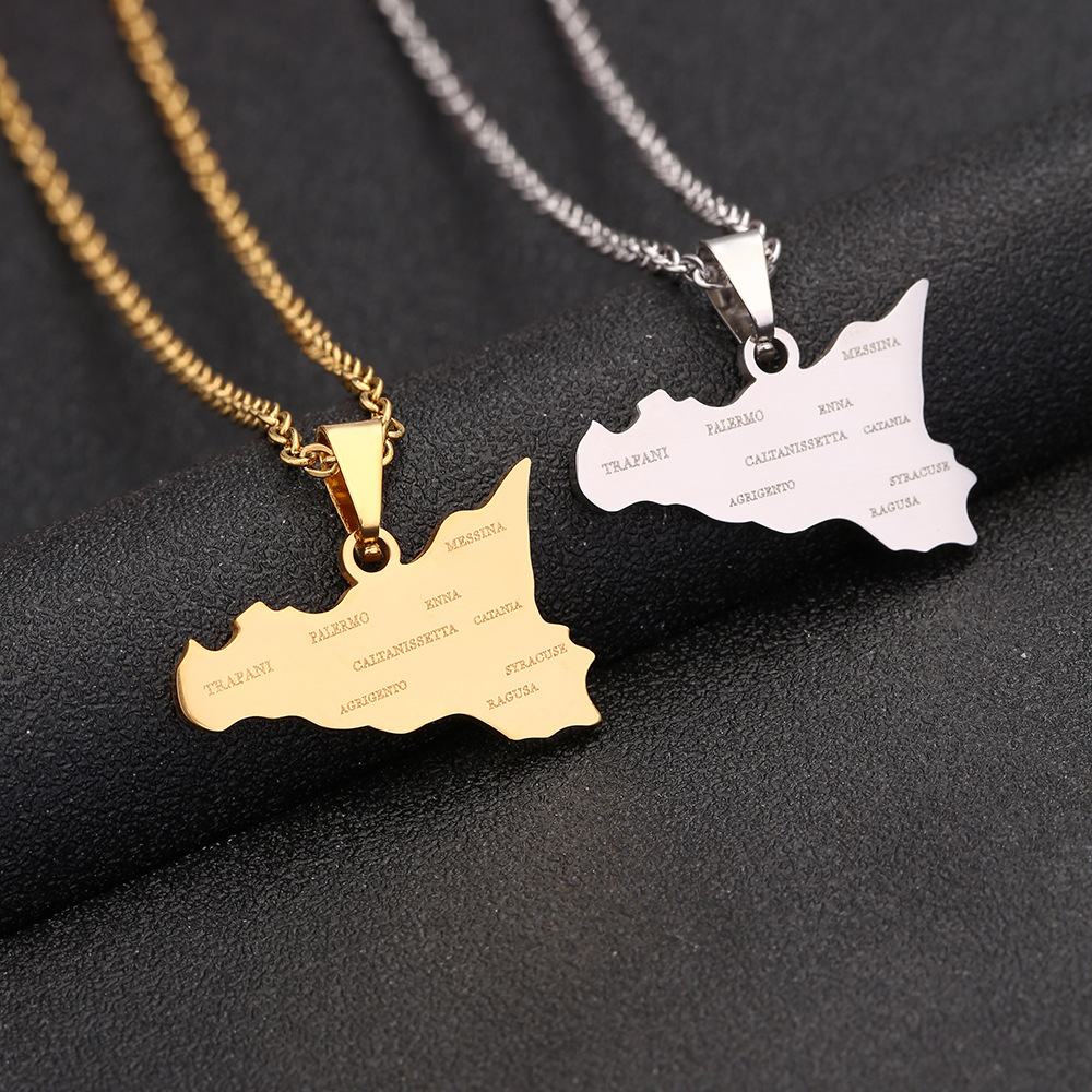 Italy Sicily map and city necklace couple style stainless steel ethnic style popular necklace