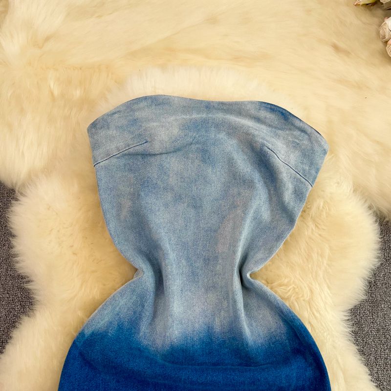 Women's color-changing tube top waist slimming mid-length back slit denim hip-hing dress_voghion.com