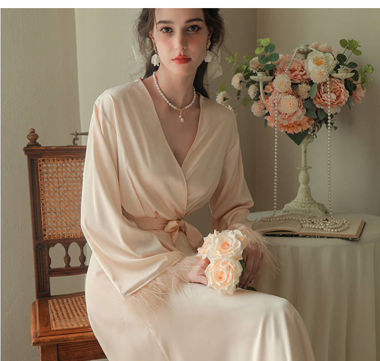 Dameskleding bruid bruid ochtendjurk dames veren nachtjapon bruiloft make-up bruidsmeisjes bruiloft kimono satijnen lange badjas_voghion.com