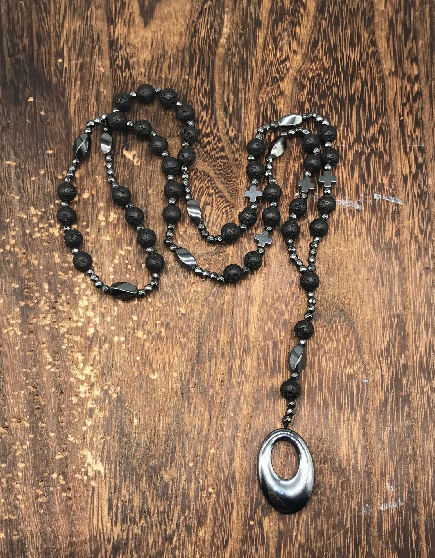Colliers pendentifs en hématite pour hommes, croix, chapelet, collier de perles, crucifix, pour lui, père, bijoux religieux_voghion.com