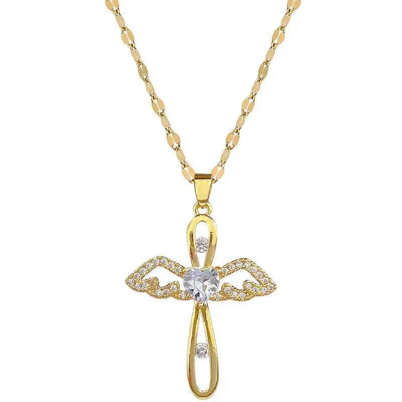 Collane con ciondolo Squisito personalizzato Collana con croce d'amore cava Design alla moda retrò con ali d'angelo portafortuna in acciaio inossidabile_voghion.com