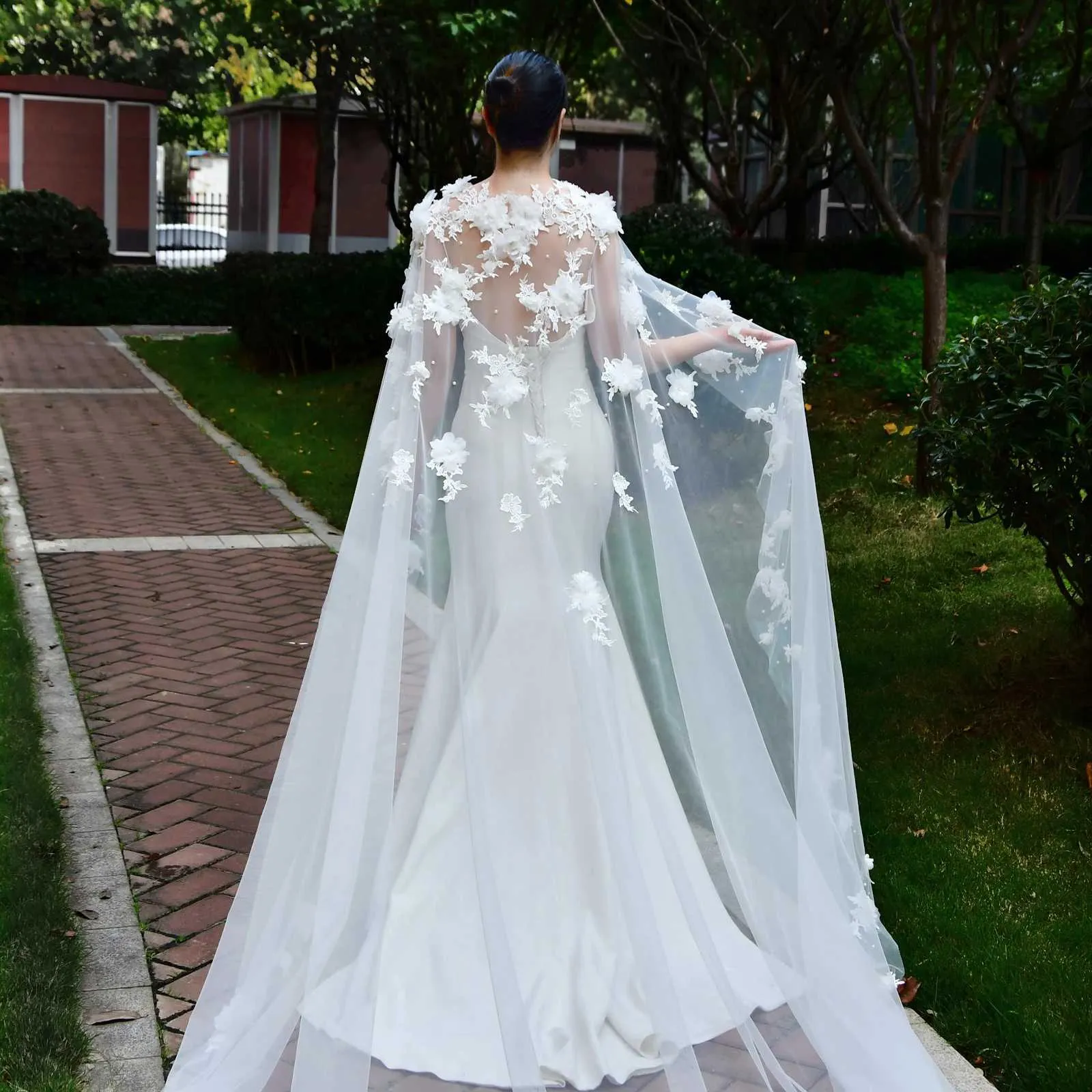 Hair Jewelry Womens Long Capes Veil 3D Flowers Bridal Cloak Wedding Accessories For Bride Bolero Shawl Soft Evening Cape_voghion.com