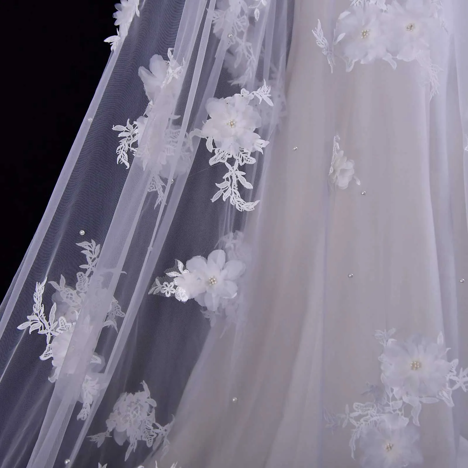 Hair Jewelry Super Pearls Beaded Wedding Veil 3D Flowers Long Cathedral Soft Bridal Illusion With Comb Bride Accessories_voghion.com