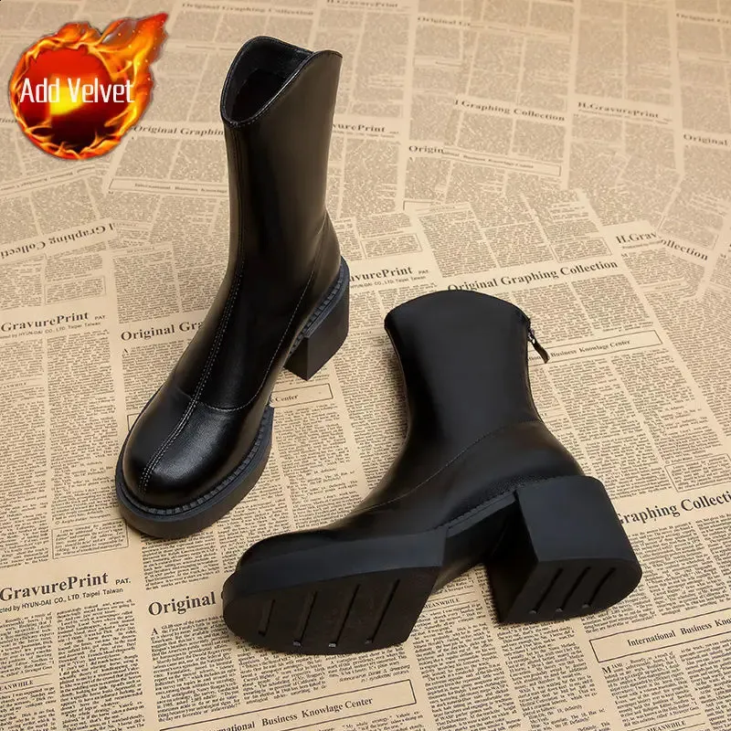High ankle work very high heels brown short and chubby platform womens waterproof boots black Pu 240911_voghion.com