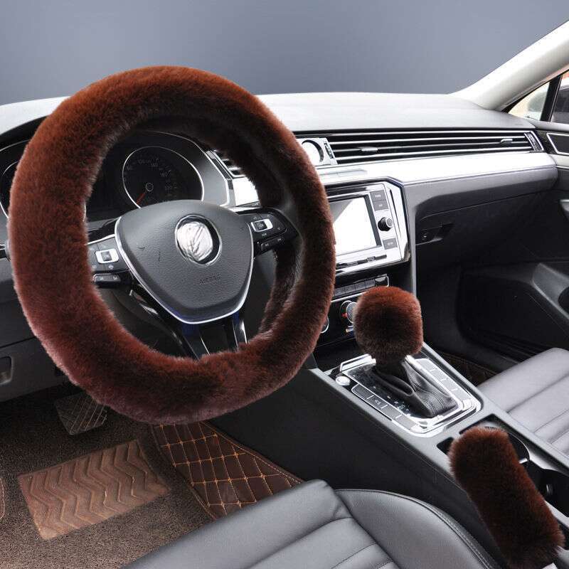 Steering Winter Otter Rabbit Fur Car Steering Wheel Plush Cartoon Handle Cover Three Piece Set Universal_voghion.com