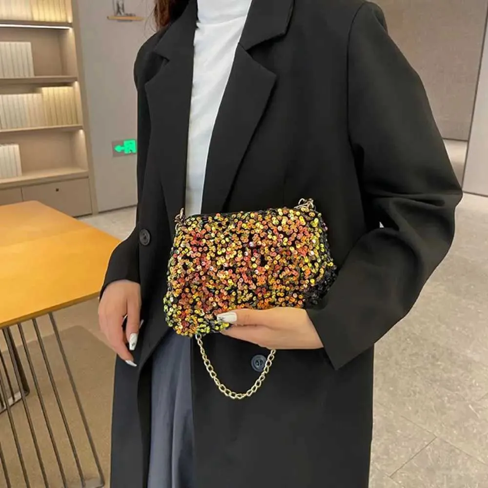 Chain cross body solid color Korean sequin shoulder bag mobile wallet Y241019_voghion.com