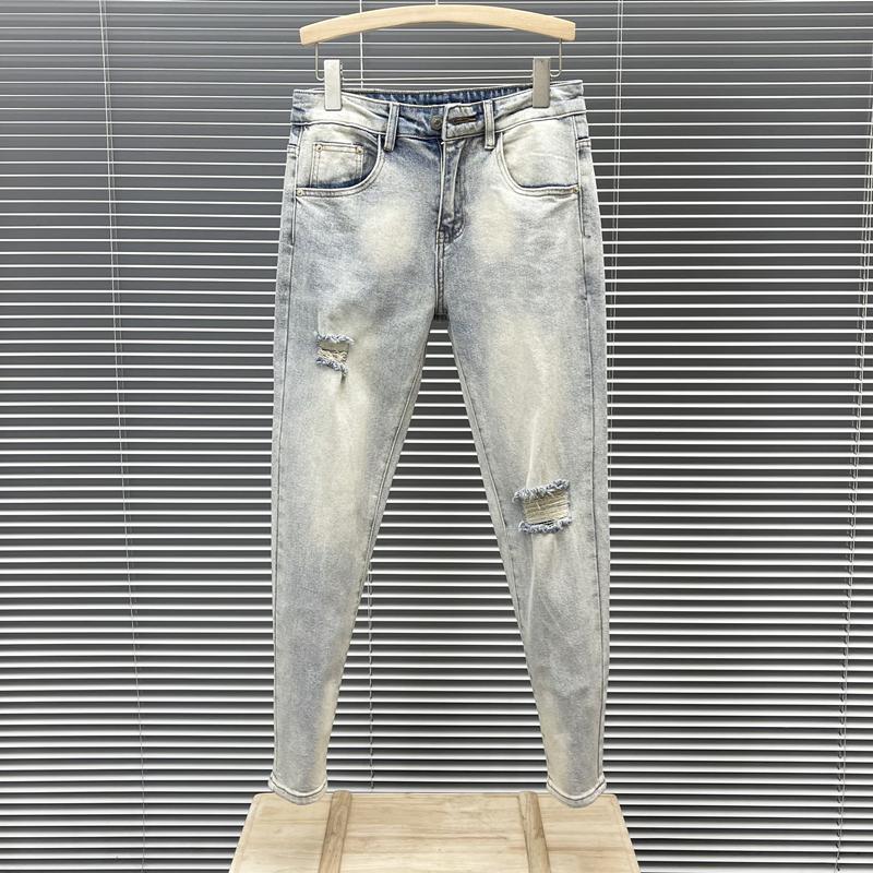 Men's Fashion All-Match Light Blue Ripped Jeans Men's Style Slim-Fit Skinny Pants Washed Elastic Nine-Point Pants