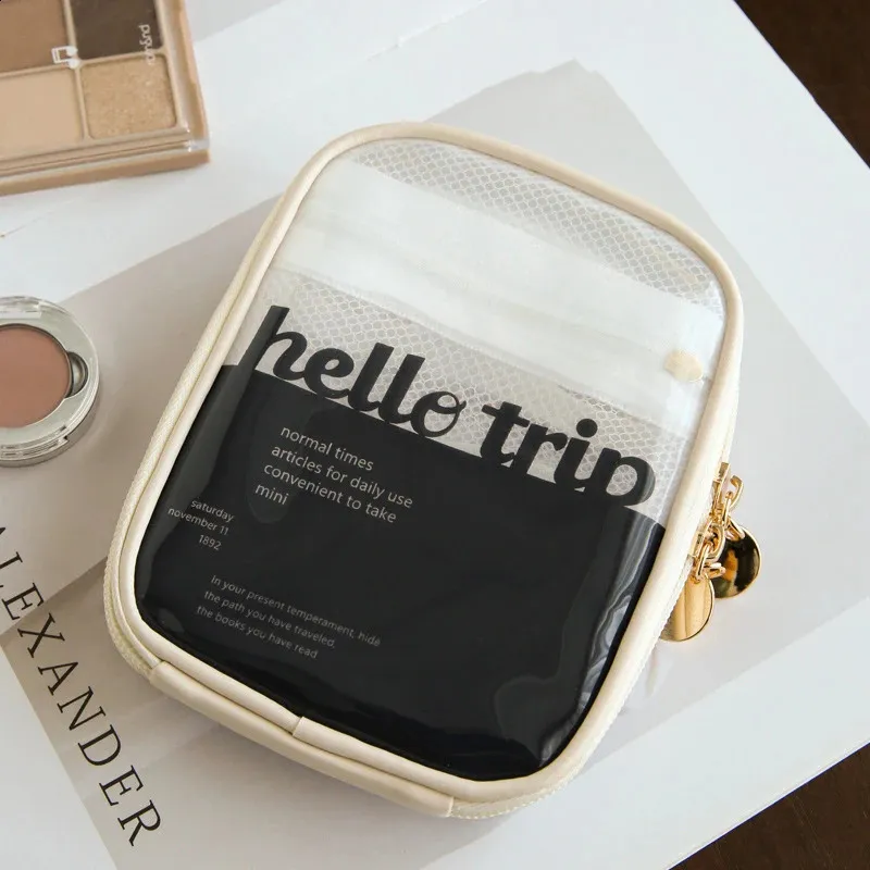 Mini organiseur de voyage transparent, petite trousse de maquillage mignonne et preppy, trousse de toilette à fermeture éclair pour cosmétiques, pochette pour pièces de monnaie pour femmes_voghion.com