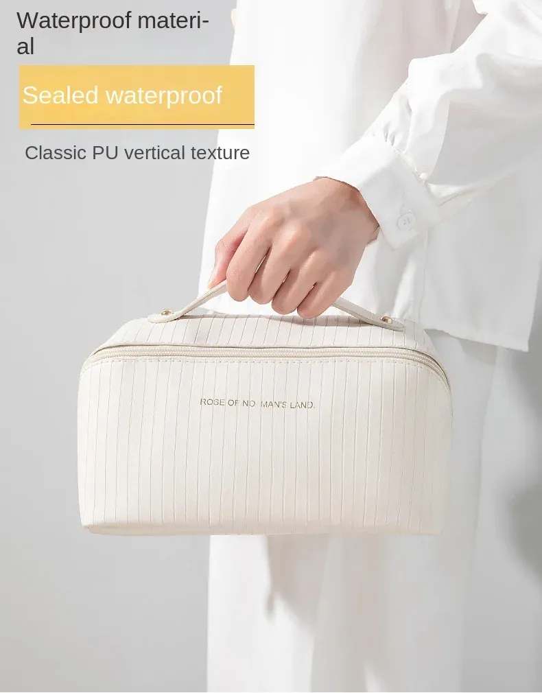 Nuovo arrivo, cuscino a righe verticali, da donna, grande capacità, portatile, organizer da viaggio per trucchi e articoli da toeletta._voghion.com