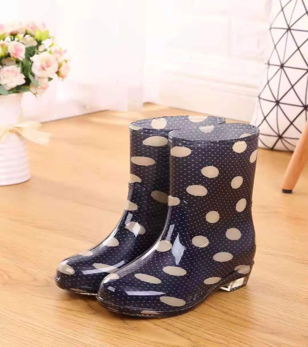 Printed for women work anti and non slip PVC waterproof shoes mid calf rain boots 241031_voghion.com