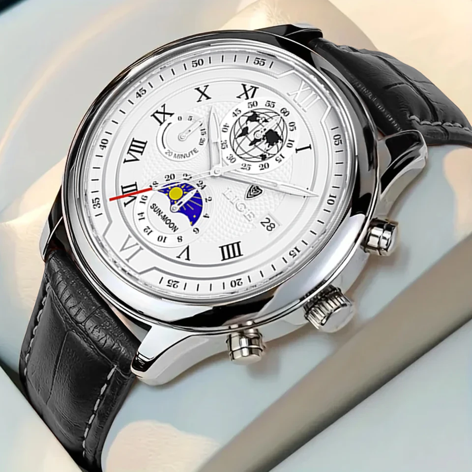 Mens Chronograph Leather Watch Waterproof Sport Automatic Date_voghion.com