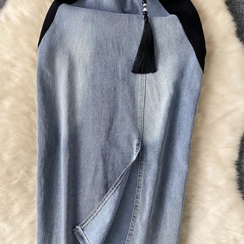 Kadın Giyim Retro ulusal trend tarzı kot elbise kadınlar için retro nakış bel inceltici yırtmaç kalça sarma moda_voghion.com