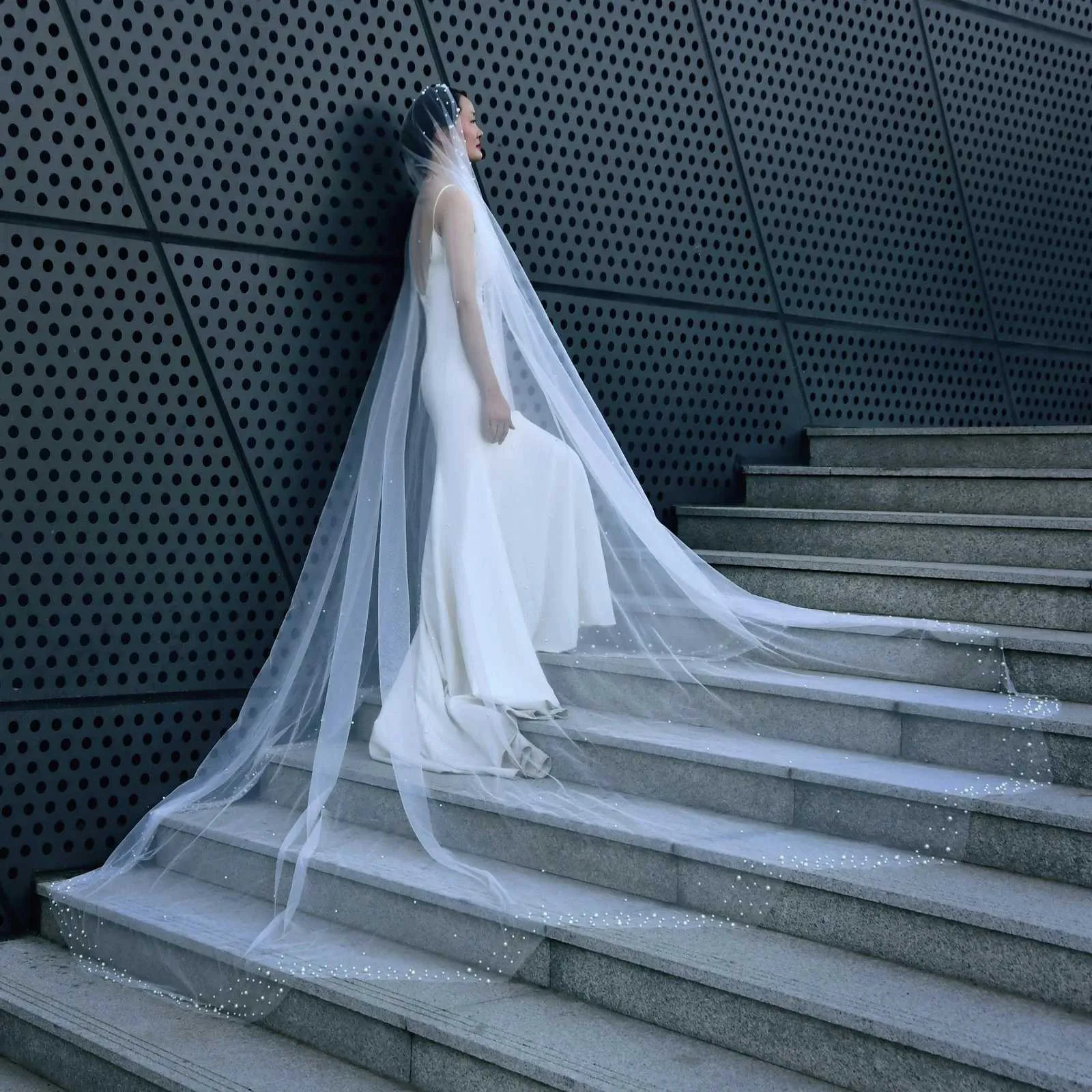 Gioielli per capelli V145 Velo da cattedrale extra lungo 3M Perle larghe Veli da sposa in rilievo con pettine Accessori da sposa Bianco Avorio_voghion.com