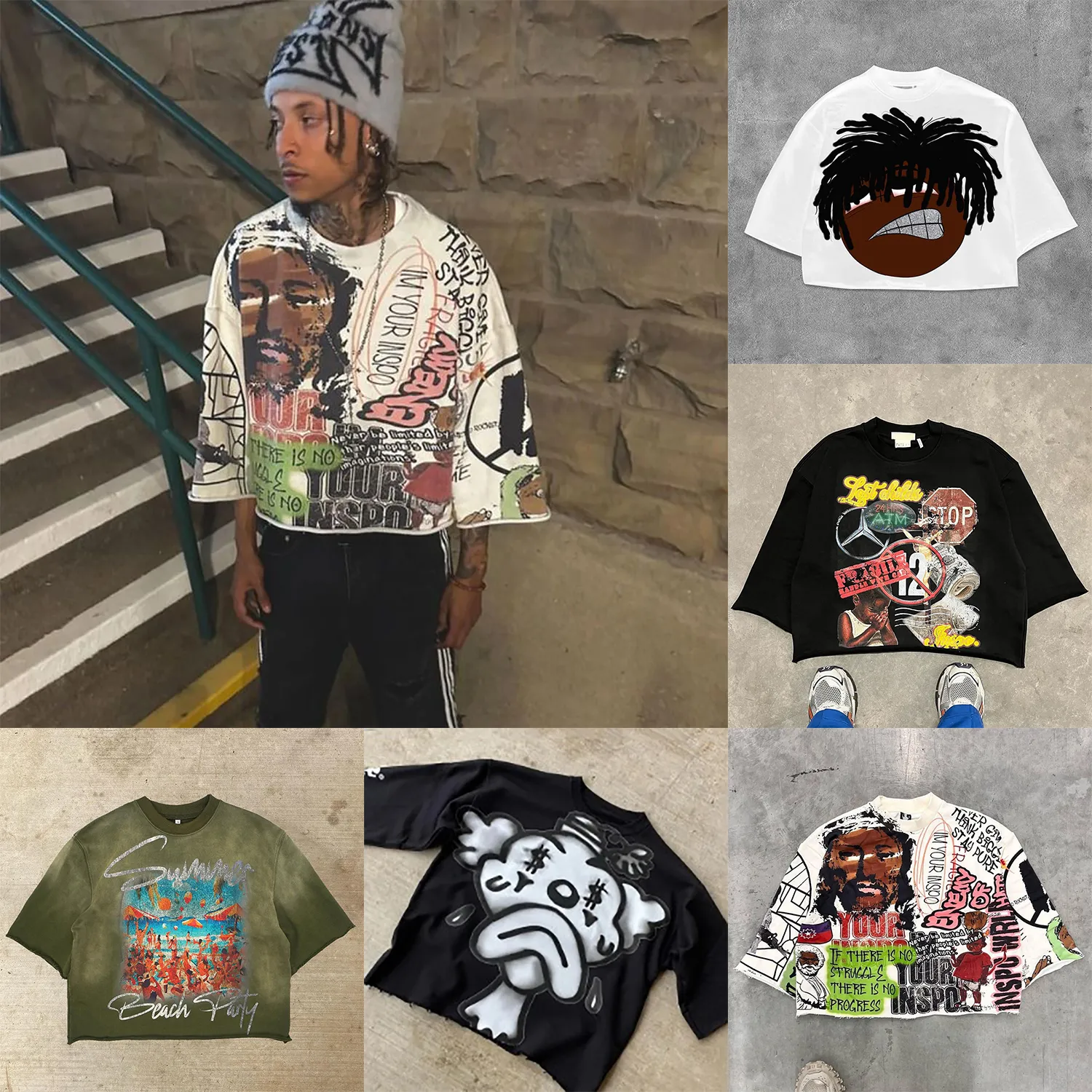 Meeste T-särgid Keskmise pikkade varrukatega Meeste Naiste Punk Hip Hop Graffiti Stiilis Graafiline T-särk, Haruku Avatud lühikeste varrukatega_voghion.com