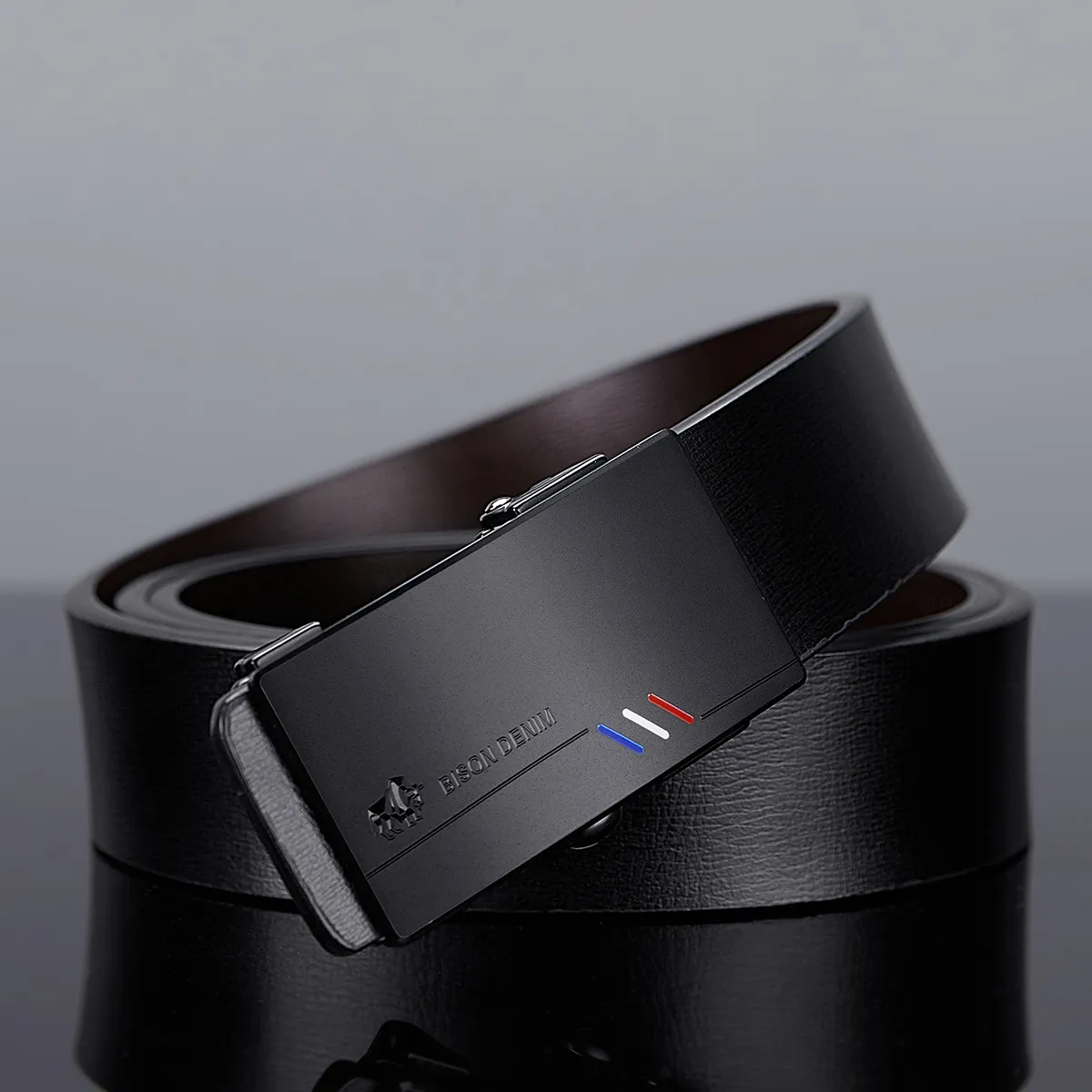 BISON DENIM automatique mâle Cummerbunds ceinture en peau de vache hommes noir véritable ceintures en cuir marque 230412_voghion.com
