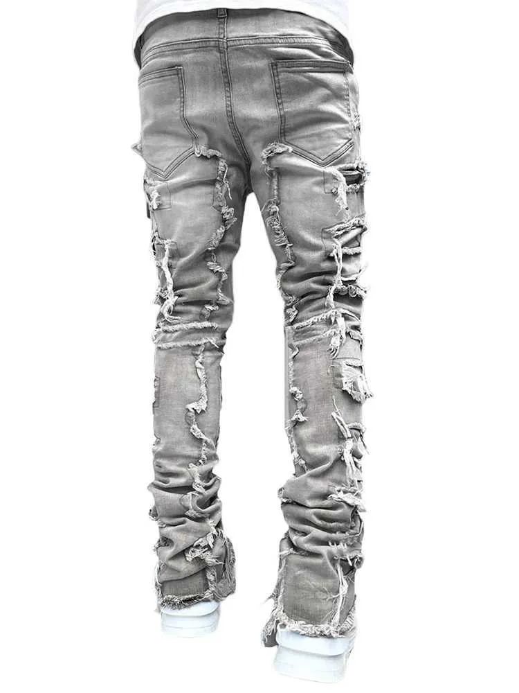 Mens Streetwear Ripped Jeans Fashionable Cool Stretch Pink Stacked Edge Denim Mens Y2K Punk Patch Work Hip-hop Pants_mkmklike.com