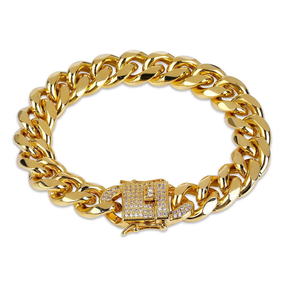 6mm-14mm Hip Hop Cuban Chain Bracelet Full Zircon Dragon Buckle Real Gold Plated Cool Men Bangle Jewelrys Gifts_voghion.com