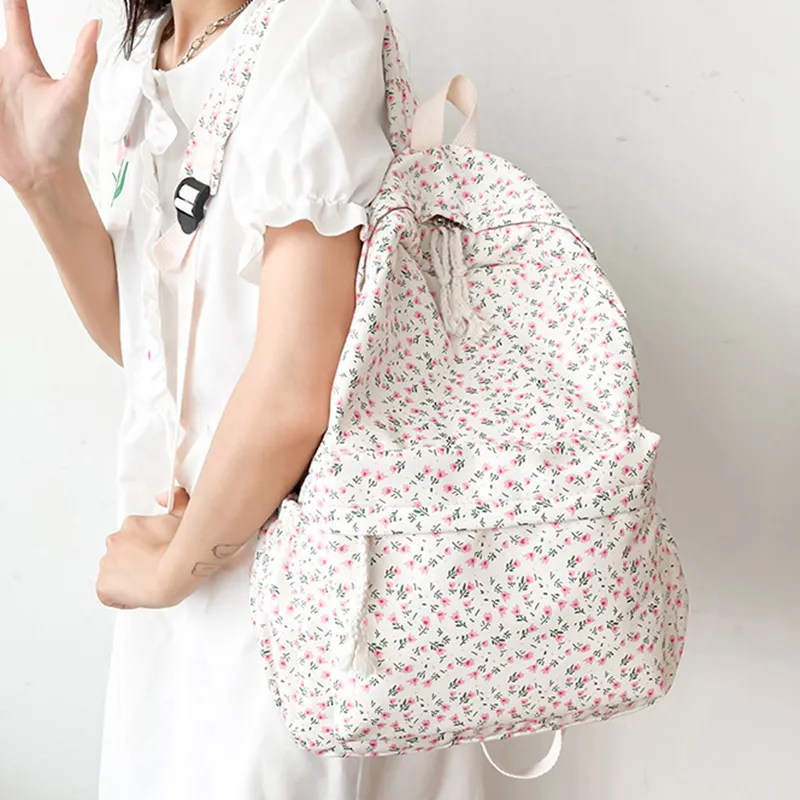 Korean Version Nylon Floral Flower Fashion Junior High School Backpack Travel Bag_voghion.com