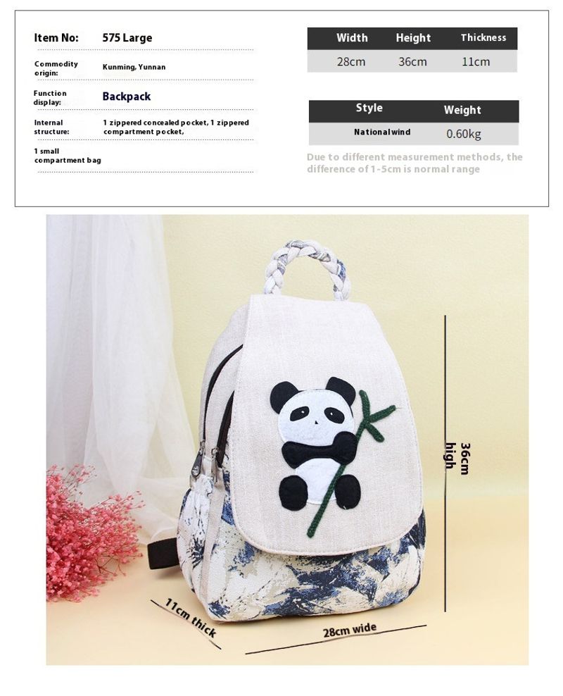 Nuovo zaino antico, piccolo, fresco, tessuto semplice, borsa panda, cerniera a doppio strato, borsa per libri in stile artistico_voghion.com